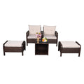 Five-Piece Rattan Set Brown Gradient 2 Single Sofas 2 Footstool &1 Coffee Table Round Corner Armrests