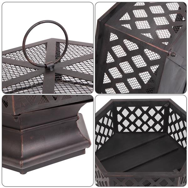 22" Hexagonal Shaped Iron Brazier Wood Burning Fire Pit Decoration