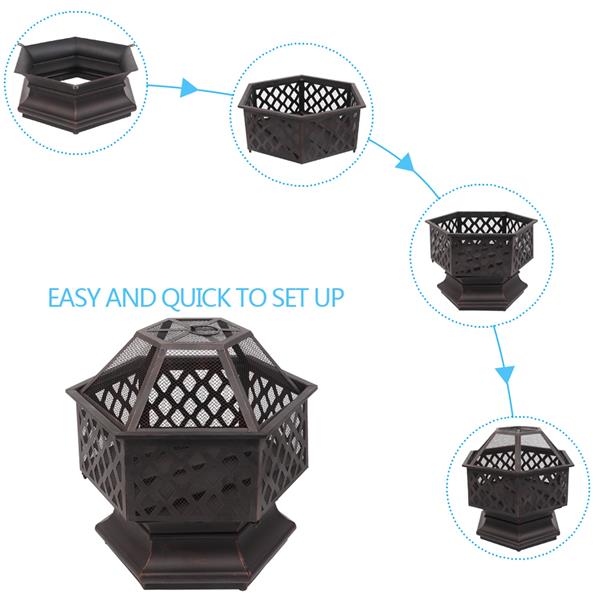 22" Hexagonal Shaped Iron Brazier Wood Burning Fire Pit Decoration
