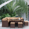 Eight-Piece Set Outdoor Rattan Dining Table And Chair Brown Wood Grain Rattan