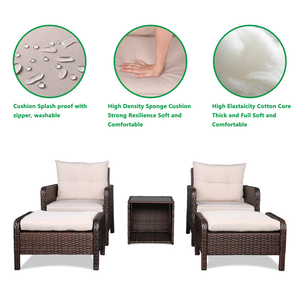 Five-Piece Rattan Set Brown Gradient 2 Single Sofas 2 Footstool &1 Coffee Table Round Corner Armrests