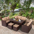 Eight-Piece Set Outdoor Rattan Dining Table And Chair Brown Wood Grain Rattan