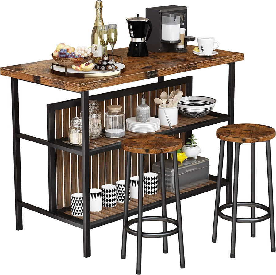 3 Piece Kitchen Island Set, Counter Height Bar Table Set with Wood Top, Breakfast Dining Table Set with 2 Stools and 2-Tier Shelves, Pub Dinette Set for Small Spaces, Brown, L0329