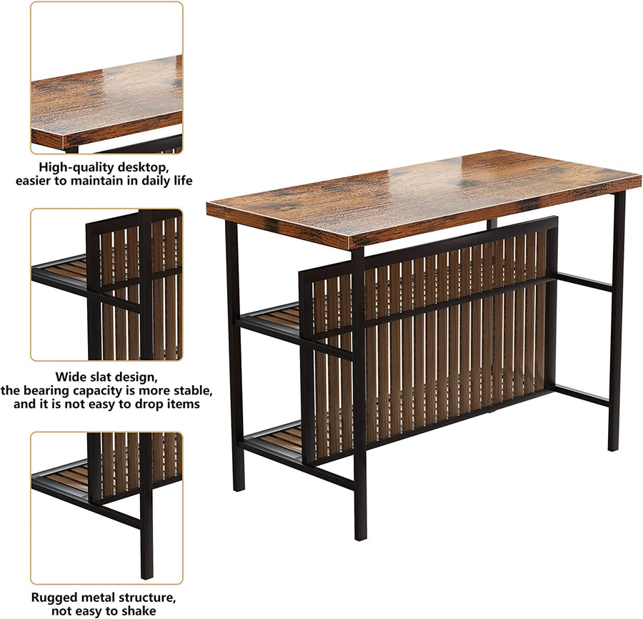 3 Piece Kitchen Island Set, Counter Height Bar Table Set with Wood Top, Breakfast Dining Table Set with 2 Stools and 2-Tier Shelves, Pub Dinette Set for Small Spaces, Brown, L0329