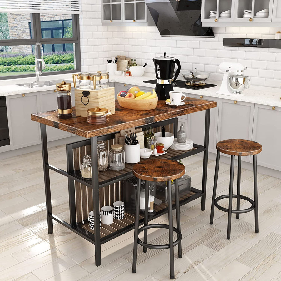 3 Piece Kitchen Island Set, Counter Height Bar Table Set with Wood Top, Breakfast Dining Table Set with 2 Stools and 2-Tier Shelves, Pub Dinette Set for Small Spaces, Brown, L0329