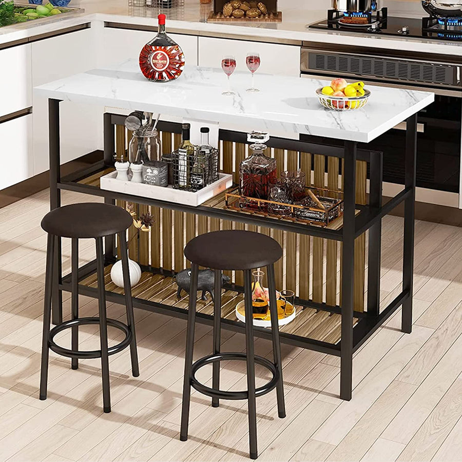 3 Piece Kitchen Island Set, Counter Height Bar Table Set with Wood Top, Breakfast Dining Table Set with 2 Stools and 2-Tier Shelves, Pub Dinette Set for Small Spaces, Brown, L0329
