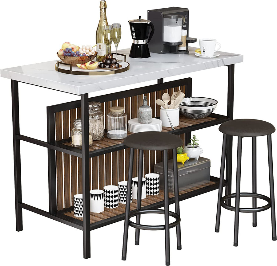 3 Piece Kitchen Island Set, Counter Height Bar Table Set with Wood Top, Breakfast Dining Table Set with 2 Stools and 2-Tier Shelves, Pub Dinette Set for Small Spaces, Brown, L0329