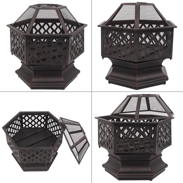 22" Hexagonal Shaped Iron Brazier Wood Burning Fire Pit Decoration