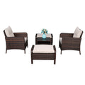 Five-Piece Rattan Set Brown Gradient 2 Single Sofas 2 Footstool &1 Coffee Table Round Corner Armrests