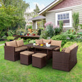 Eight-Piece Set Outdoor Rattan Dining Table And Chair Brown Wood Grain Rattan