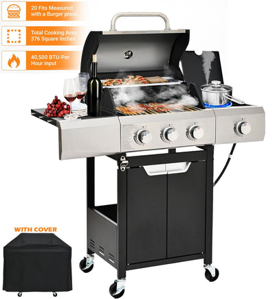 40,500BTU Powerful Grill with Cover, Propane Gas Grill Stainless Steel for Outdoor Camping BBQ Grill on Wheels Portable for Patio Poolside RV