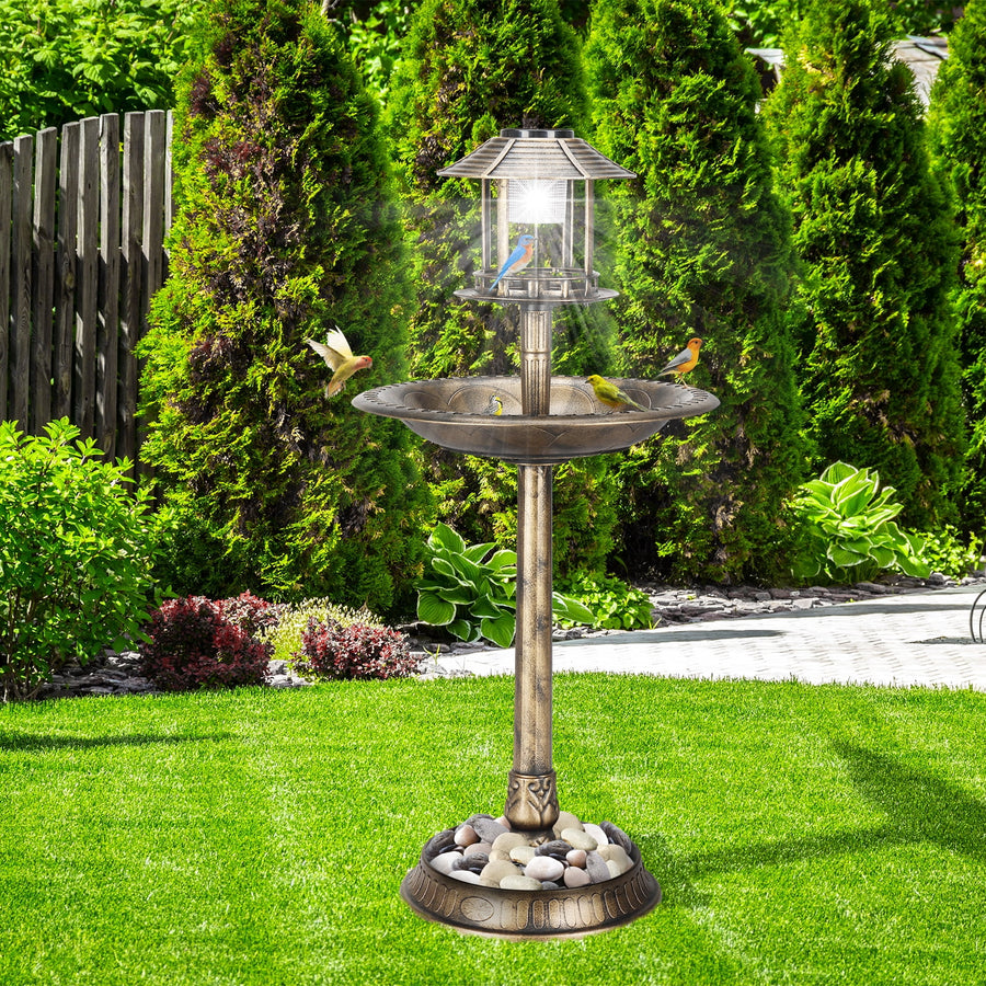 Bird Bath with Bird Feeder, Seizeen Outdoor Bird Baths with Solar Light & Base Planter, Round Birdbaths as Garden Decor, 42''H, Bronze