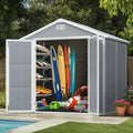 8x6FT Outdoor Storage Shed, Plastic Resin Shed w/Floor Lockable, Tool Bike Garden Patio Large Storage with Window, Sloped Top, Drainage Holes, 30MPH Wind Resistance