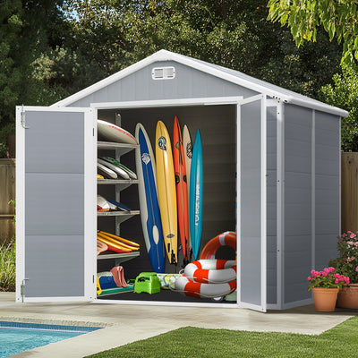 7.5x6.5FT Outdoor Storage Shed, Plastic Resin Shed w/Floor Lockable, Tool Bike Garden Patio Large Storage with Window, Sloped Top, Drainage Holes, 30MPH Wind Resistance