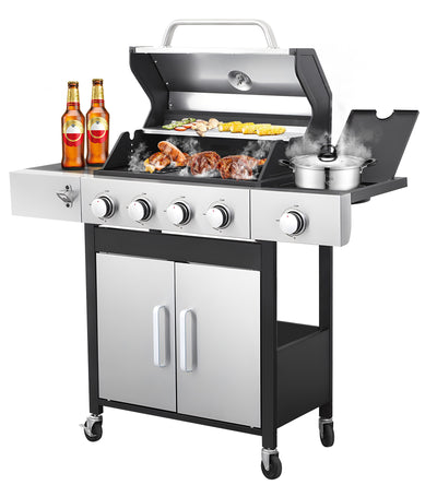 Seizeen 4 Burner Outdoor BBQ Grill with Side Burner, 46,790BTU Propane Gas Grill Stainless Steel, 2-IN-1 Enameled Cast Iron Grid & Frying Plate, High Lid, for Patio and Garden Cooking