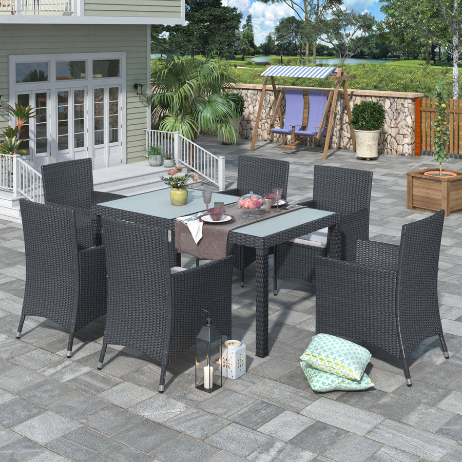 Seizeen Patio Dining Set 7 Pieces, Outdoor Dining Table Set With Cushioned Chairs, All-Weather PE Rattan Furniture Set for Garden Yard Deck, Beige Cushion & Black Rattan