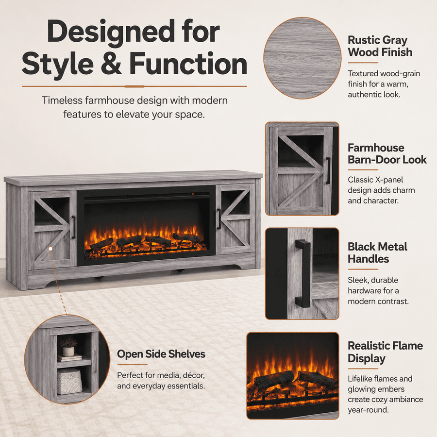 75" Fireplace TV Stand for TVs up to 80", Entertainment Center with 44" Electric Fireplace, 1500W Infrared Quartz Heater, Remote Control and Timer, TV Media Console Cabinet  w/2 Doors & Shelves