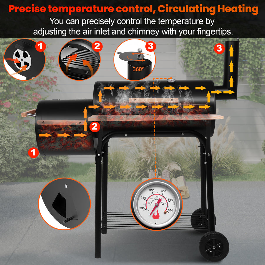 Smoker Grill, Outdoor BBQ Charcoal Grill W/2 Cooking Area, Portable Offset Smoker on Wheels for Patio Backyard Camping