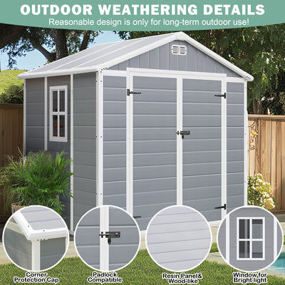 7.5x6.5FT Outdoor Storage Shed, Plastic Resin Shed w/Floor Lockable, Tool Bike Garden Patio Large Storage with Window, Sloped Top, Drainage Holes, 30MPH Wind Resistance
