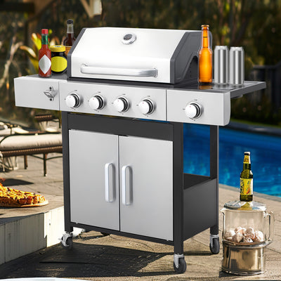 Seizeen 4 Burner Outdoor BBQ Grill with Side Burner, 46,790BTU Propane Gas Grill Stainless Steel, 2-IN-1 Enameled Cast Iron Grid & Frying Plate, High Lid, for Patio and Garden Cooking