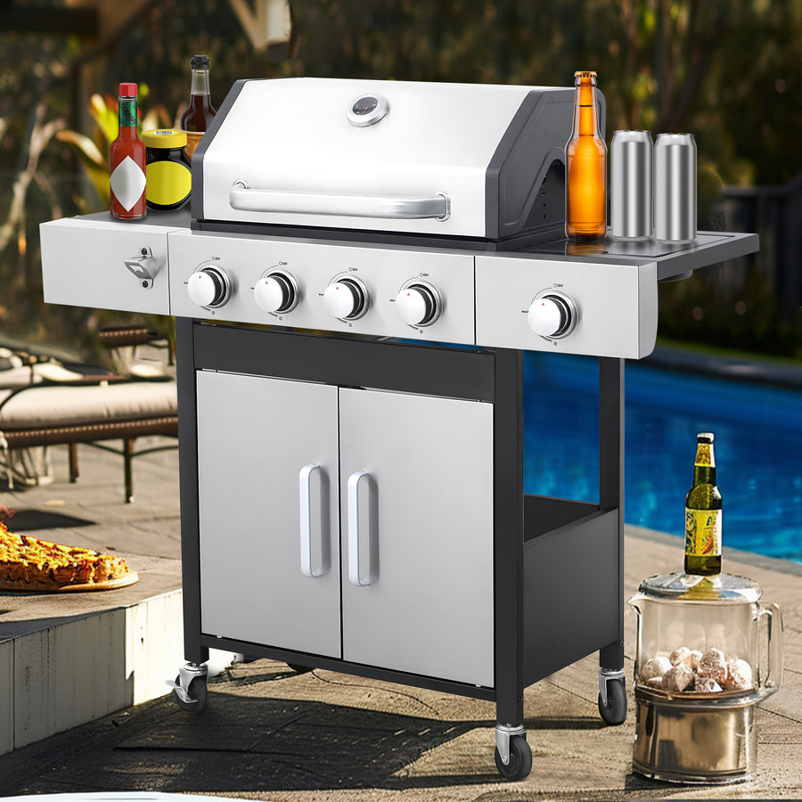 Seizeen 4 Burner Outdoor BBQ Grill with Side Burner, 46,790BTU Propane Gas Grill Stainless Steel, 2-IN-1 Enameled Cast Iron Grid & Frying Plate, High Lid, for Patio and Garden Cooking