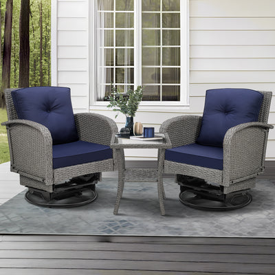Seizeen Patio Furniture Set on Sale, 3 Pieces Outdoor Rattan Swivel Gliders Rocker w/Coffee Table, Wicker Patio Bistro Chair Set for Front Porch, Rocking Conversation Set w/Thickened Cushions,Navy