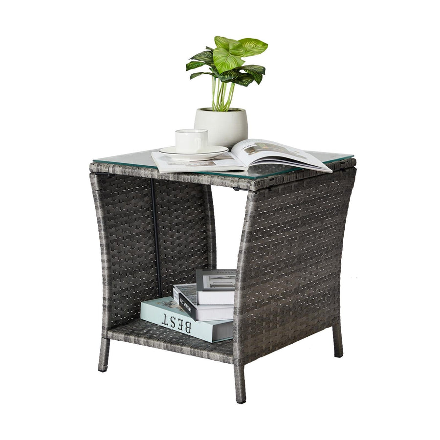 18'' PE Rattan Side Table - Outdoor End Table with Glass Top & Storage Shelf, All-Weather Small Coffee Table Patio Rattan Furniture