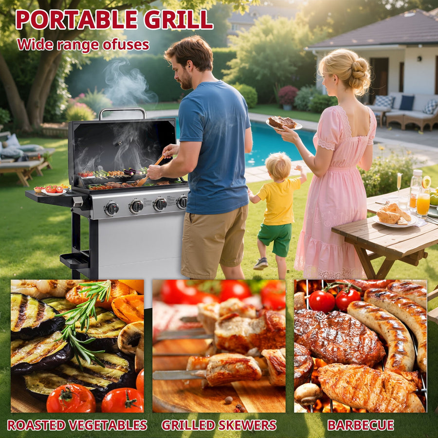 4-Burner Propane Gas Grill with Brush, Seizeen 40,000BTU Outdoor BBQ Grill, Stainless Steel Camping Stove with Foldable table, Hanging Basket, Support Legs