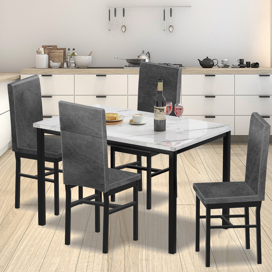 Modern Dining Set for 4, 5-Piece Dining Table and Chairs Set, 1 Table with White Marble Top, 4 Gray Leather Chairs for Kitchen Dining Room Living Room