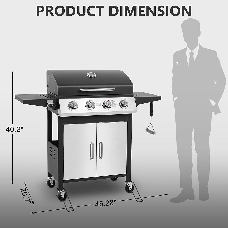 40,000BTU Grill w/Brush, 4-Burner Propane Gas Grill Stainless Steel, Outdoor Camping BBQ Grill on Wheels Portable for Patio Poolside RV