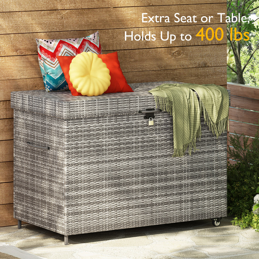 230Gal Outdoor Storage and Deck Box, Gray Rattan Lockable Storage Bin on Wheels, Raised Storage for Pool Patio Porch Toy Cushions, with Storage Pocket, Water Resistant Liner, Lockable