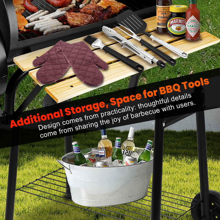 Smoker Grill, Outdoor BBQ Charcoal Grill W/2 Cooking Area, Portable Offset Smoker on Wheels for Patio Backyard Camping