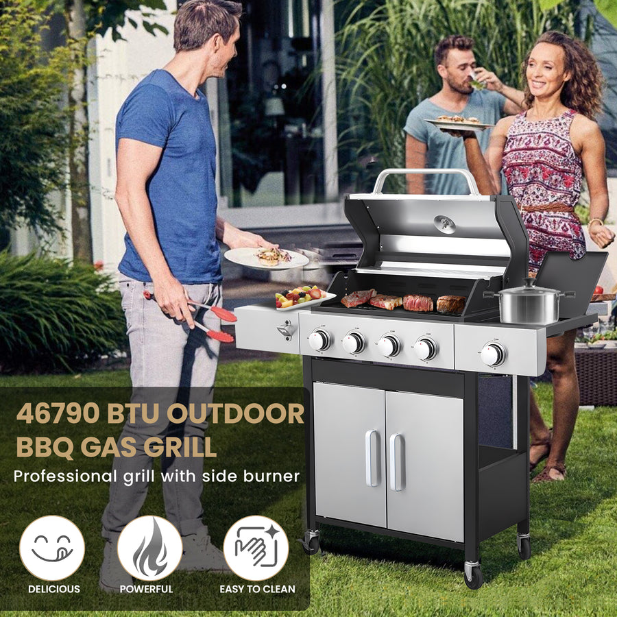 Seizeen 4 Burner Outdoor BBQ Grill with Side Burner, 46,790BTU Propane Gas Grill Stainless Steel, 2-IN-1 Enameled Cast Iron Grid & Frying Plate, High Lid, for Patio and Garden Cooking