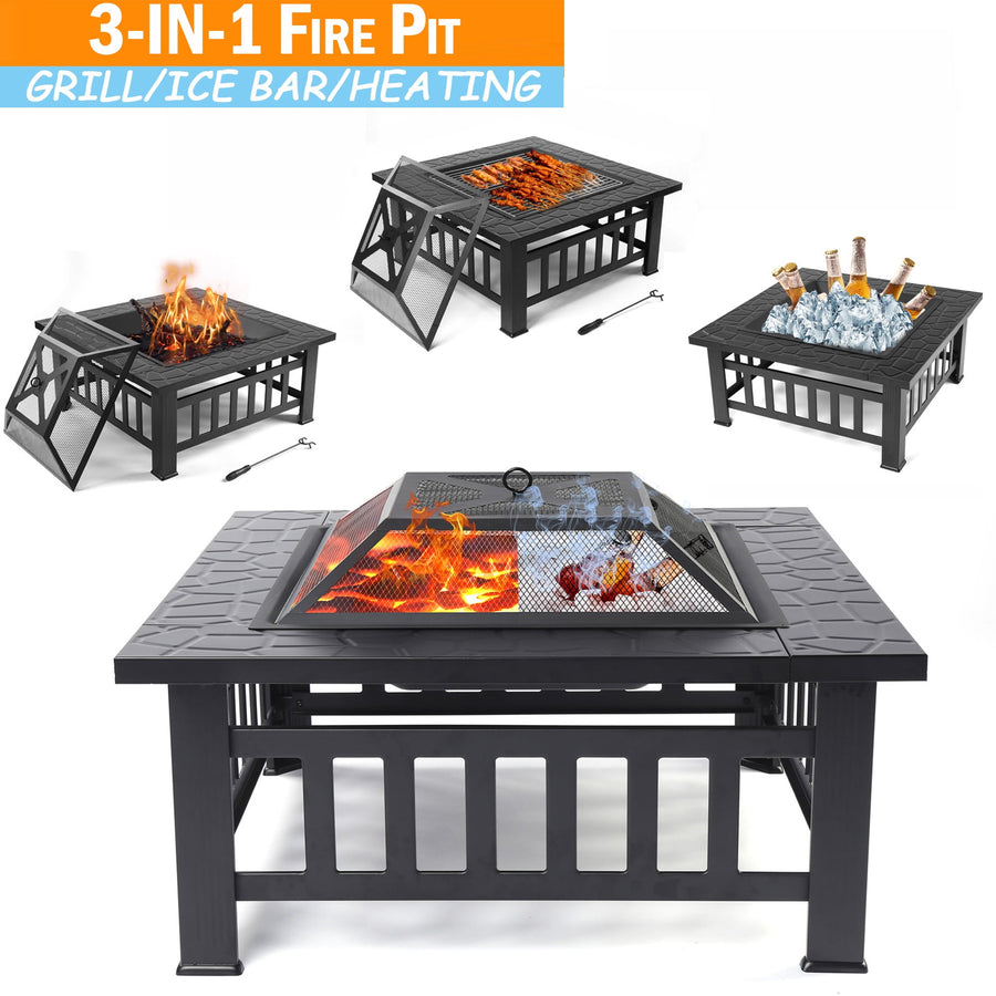 Metal Fire Pit for Outside, 32'' Stone Finish Fire Pit Table, Wood Burning Outdoor Firepit with Fire Bowl, Mesh Screen Lid, Poker