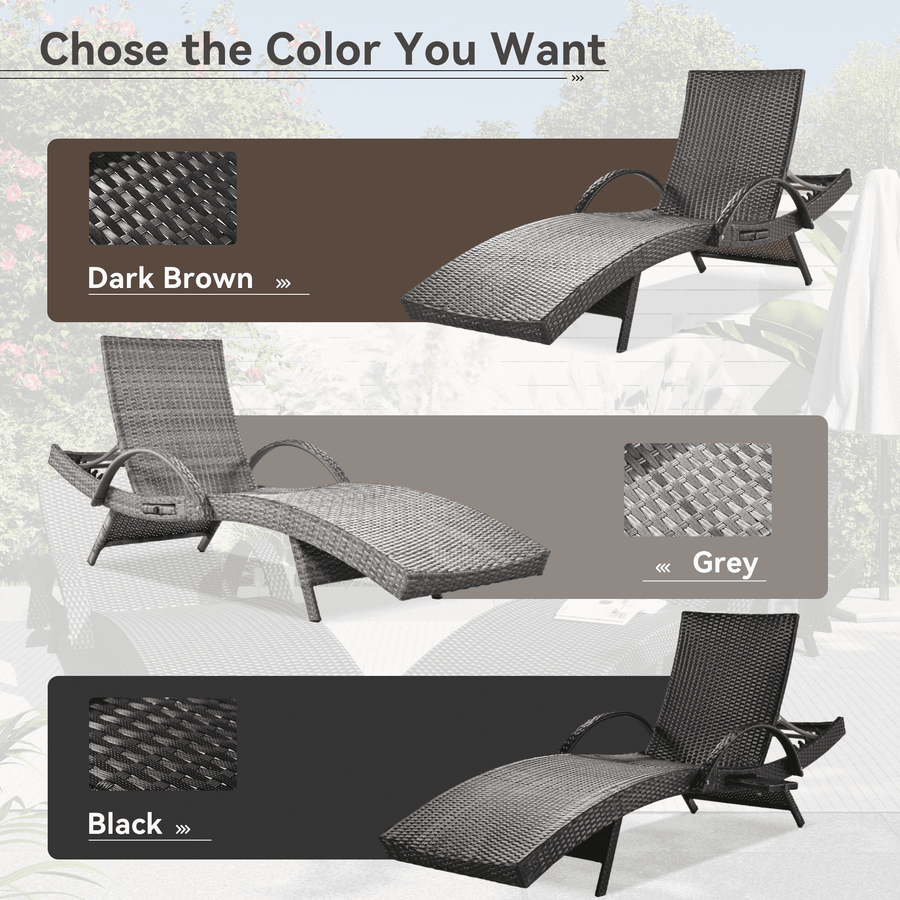 Pool Lounge Chair Set of 2, Outdoor Wicker Rattan Chaise Lounge with Pull-out Side Table, 4-Position Adjustable Backrest Patio Chairs Recliner Lounger, Dark Brown