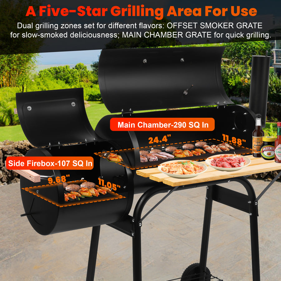Smoker Grill, Outdoor BBQ Charcoal Grill W/2 Cooking Area, Portable Offset Smoker on Wheels for Patio Backyard Camping