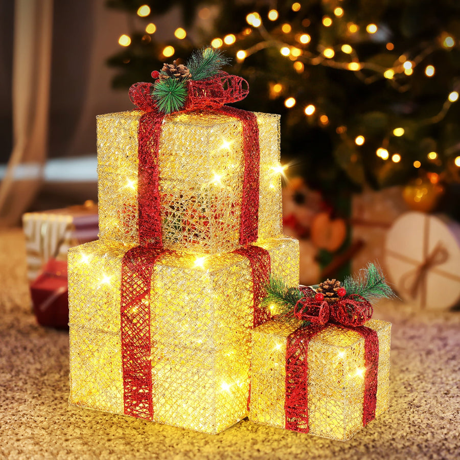 3pcs Christmas Decoration for Indoor, Lighted Gift Box with 60 Warm Lights, Christmas Tree Decoration Ornaments Set