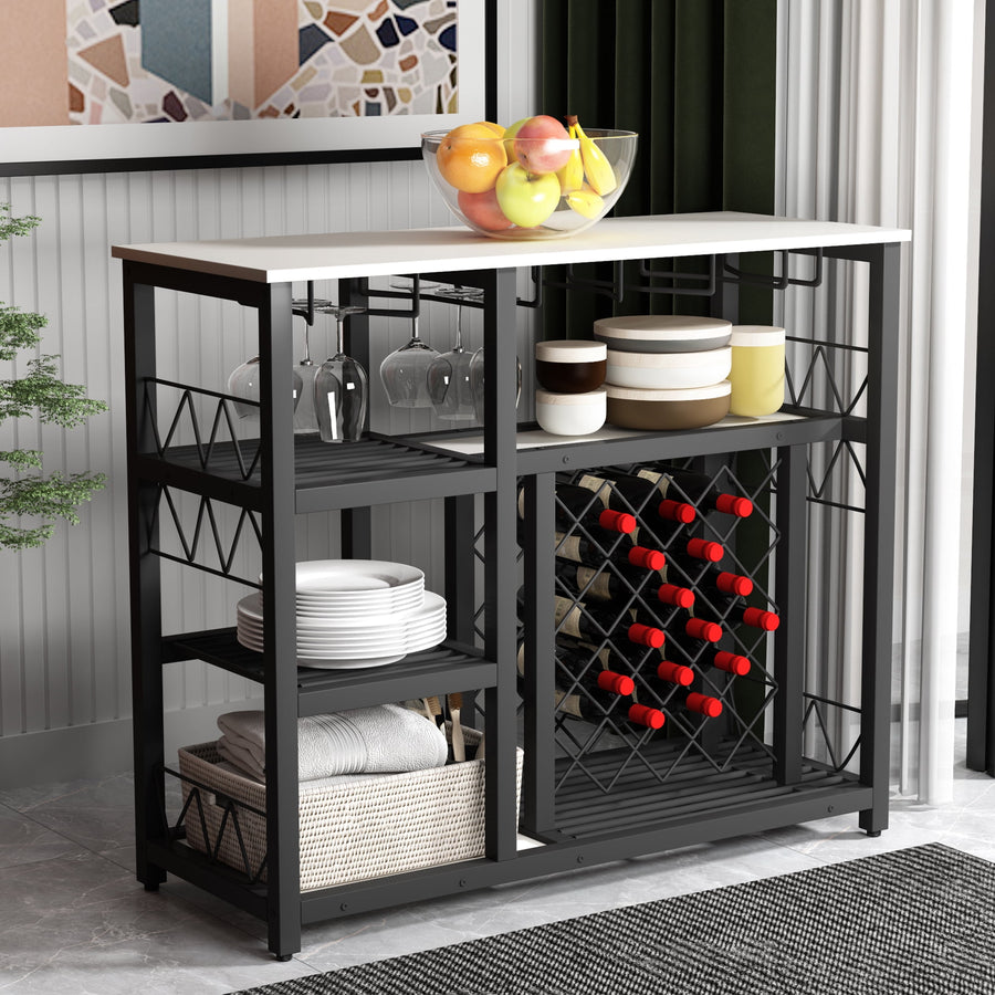 Wine Rack Cabinet Table, 4-Tier Bar Cabinet with Storage Rack, Freestanding Wine Bar Cabinet with 21-Bottle, Metal Industrial Coffee Bar Table for Kitchen Pantry Dining Room, White