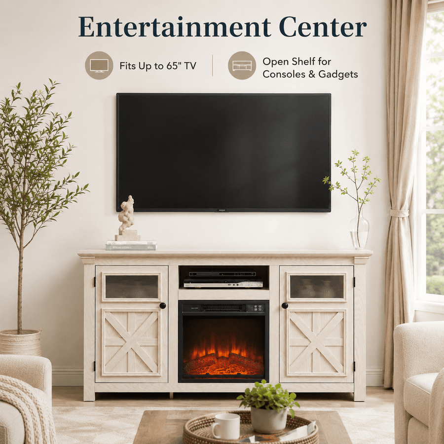 Seizeen Fireplace TV Stand for 60'' TV, 55''L Entertainment Center TV Cabinet, Farmhouse Media Console W/Large Storage, Remote Control for Fireplace, Infrared Heater & Virtual Flame, Gray Wash