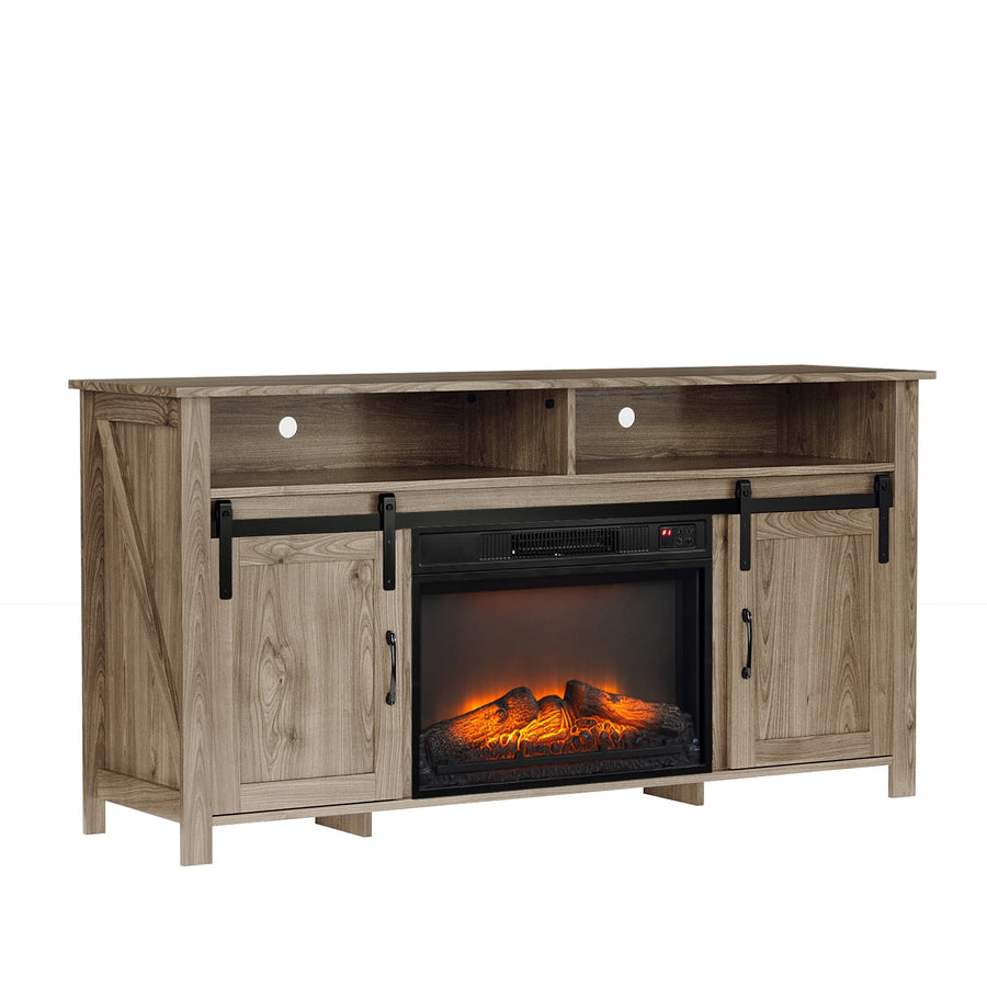 TV Stand with Fireplace, Fireplace TV Stand for 50-60-65’’ TV, Gray Entertainment Center for Bedroom with Cabinet, Living Room TV Console w/3D Flame Electric Fireplace Insert, RC, Multi-mode Change