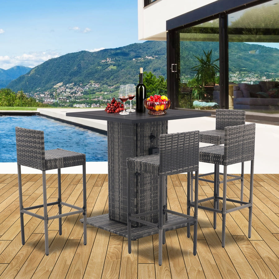 5pcs Patio Bar Set for Outdoor, Rattan Bar Dining Table Set with Storage Shelf, Metal Top Table & 4 Backrest Stools Bistro Set for Backyard Porch Poolside Indoor Use, Gray