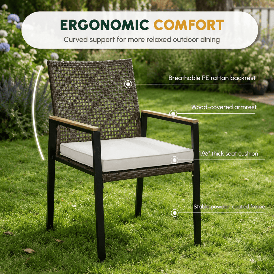 Outdoor Dining Set, 5-piece Outdoor Patio Furniture Table and Chairs Cushioned, Hollow Rattan Dining Table Set for 4, Bold Metal Frame, Acacia Woodtop, Umbrella Hole