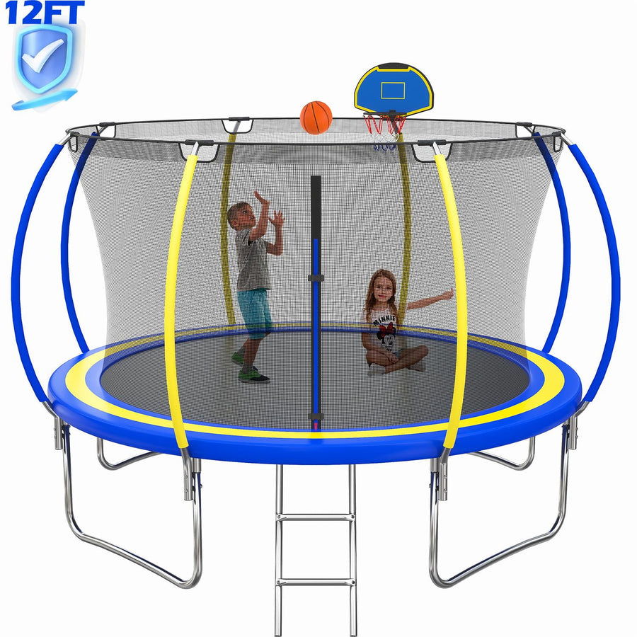 12FT Trampoline for Kids - Seizeen Round Trampoline W/ Enclosure Net & Hoop, Outdoor Colorful Trampoline with Waterproof Cover & Ladder, Large Capacity 550?lbs