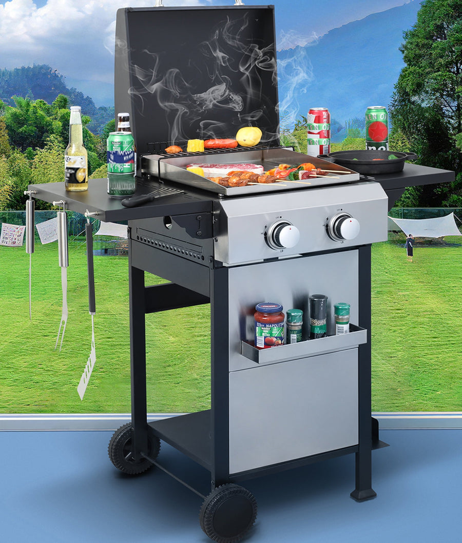 Seizeen 2-IN-1 BBQ Grill & Gribble, 24600BTU Gas Propane Grill Stainless Steel, Camping Outdoor Grill w/ Foldable Side Table, Propane Griddle w/13¡¯¡¯x17¡¯¡¯Plate, Hanging Basket