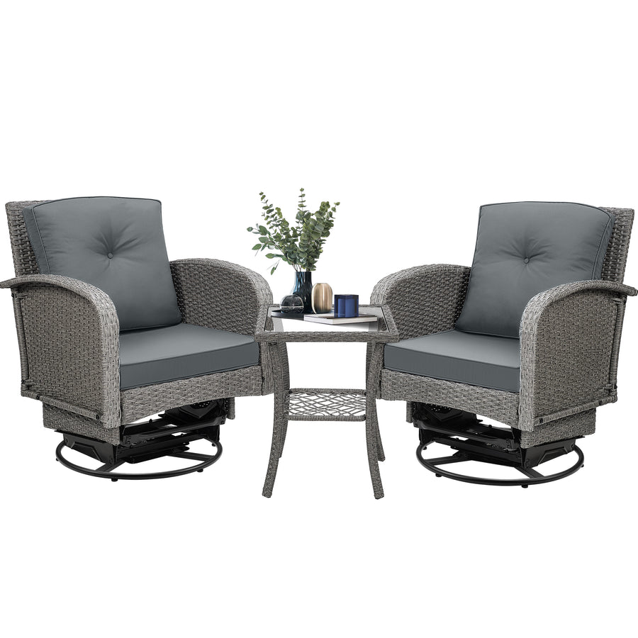 3-Piece Outdoor Swivel Rocking Chairs Set, Weather-Resistant Patio Furniture for Porch Backyard Poolside, with Coffee Table & Thick Cushions, Easy Assembly, Wicker 360° Swivel Rocker Bistro Set