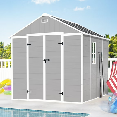 Seizeen Resin Shed, Outdoor Storage Shed 7.15 x 8.26FT Extra Large, Outside Garden Shed for Lawn Mover Bike Tool, w/Double Doors, Air Vents, Double Windows, PP Floor