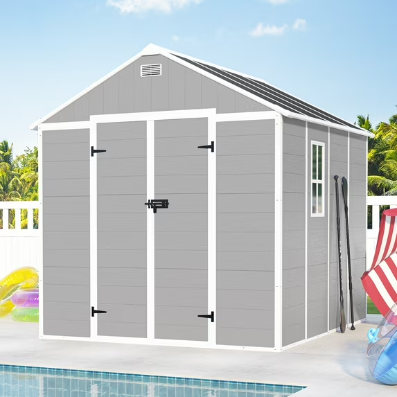 Seizeen Resin Shed, Outdoor Storage Shed 7.15 x 8.26FT Extra Large, Outside Garden Shed for Lawn Mover Bike Tool, w/Double Doors, Air Vents, Double Windows, PP Floor