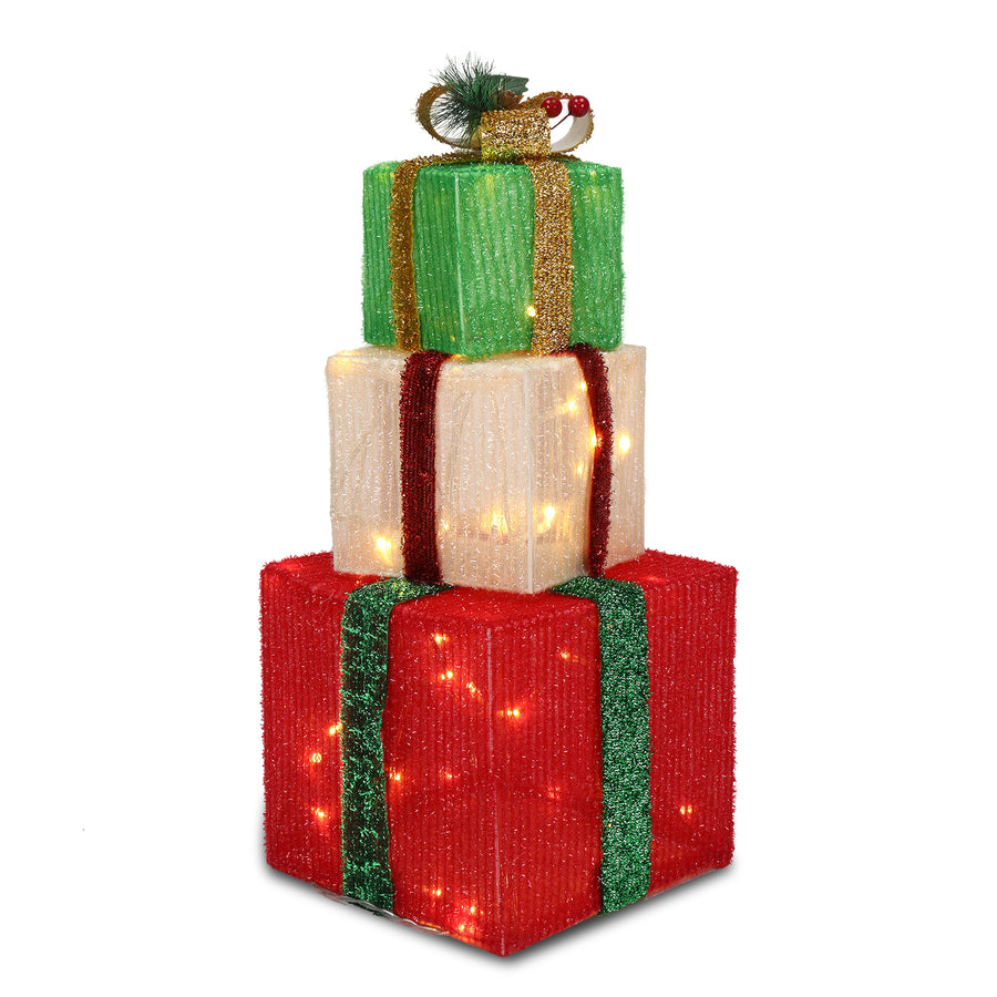 Flocked Gift Box w/Colorful Lights, 3pcs Christmas Ornaments with Berries, Branches, Pine Cones Decor, Lighted Christmas Tree Decorations for Indoor Home