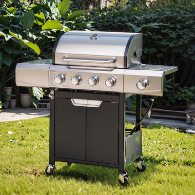 Stainless Steel 4 Burner Propane Gas Grill with Side Burner, 46,790 BTU for Backyard BBQ, Black and Silver