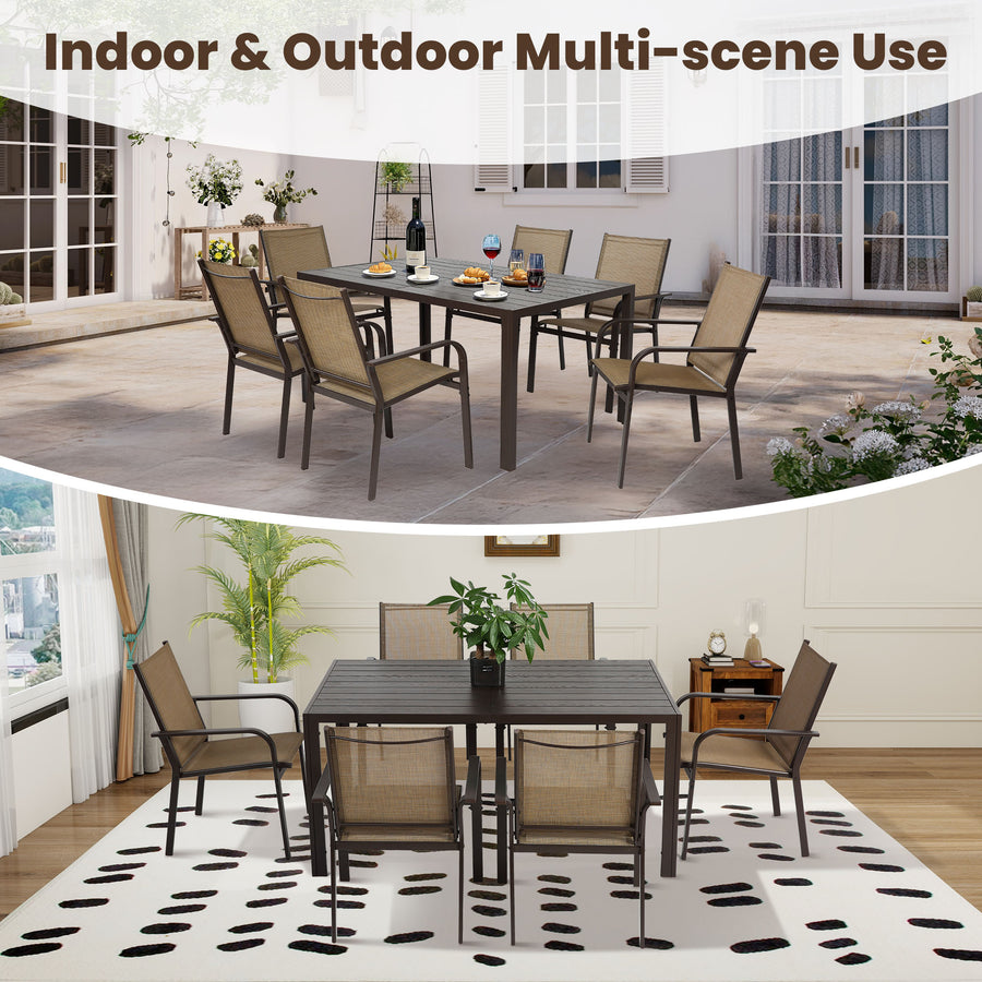 7-Piece Outdoor Dining Table Set, Patio Dining Table Set for 6, Patio Furniture Outdoor Table and Textilene Chairs, HDPE Tabletop, Reinforced Frame, Brown